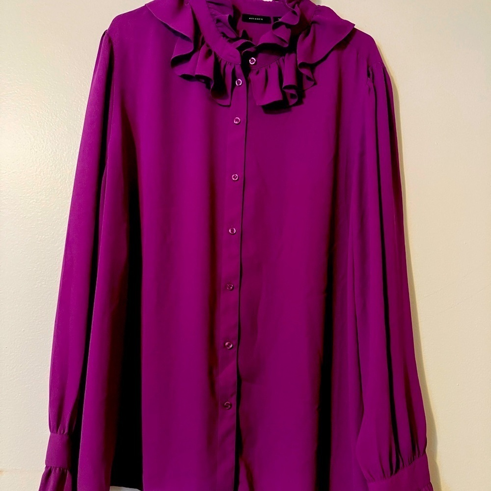Halogen Ruffled Button-Down Blouse in Magenta